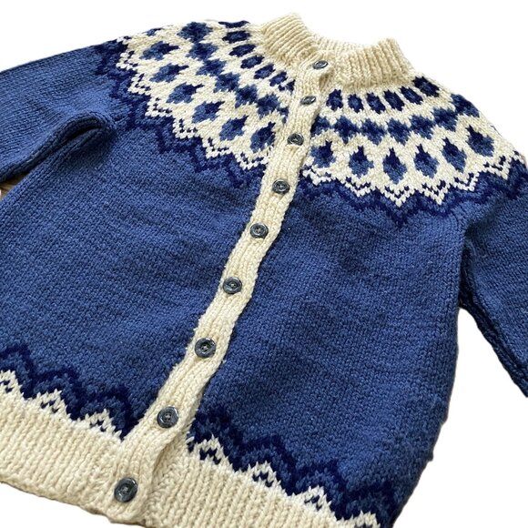 Vintage Hand Knit Fair Isle Cardigan Sweater Blue/Cream Acrylic Women's Medium - Picture 5 of 6